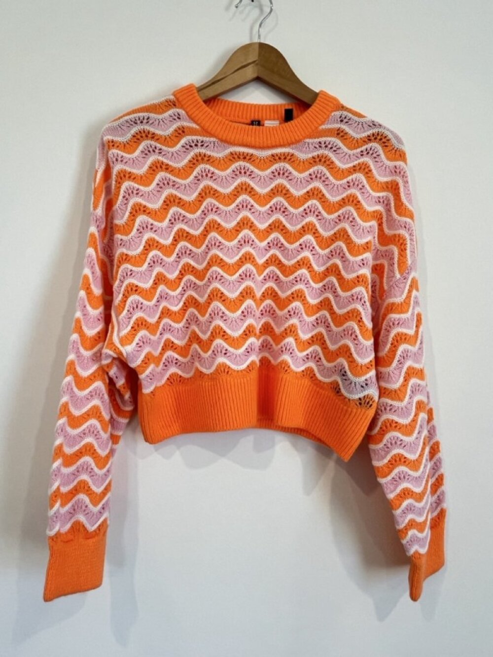 H&M Divided Chevron Pointelle Cropped Sweater Orange Pink Size S Y2K